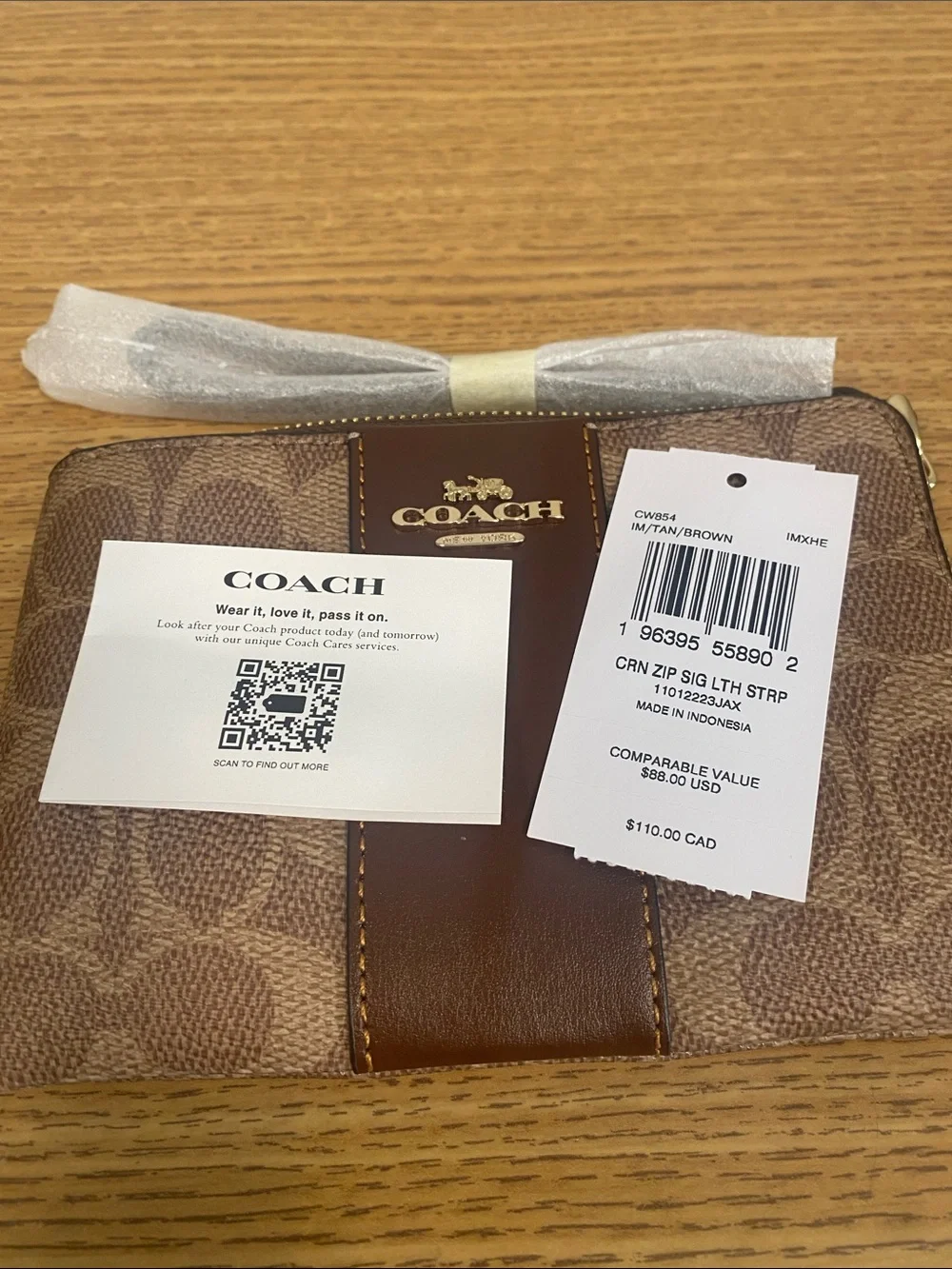 Coach Brown Signature Canvas Wristlet with Leather Trim